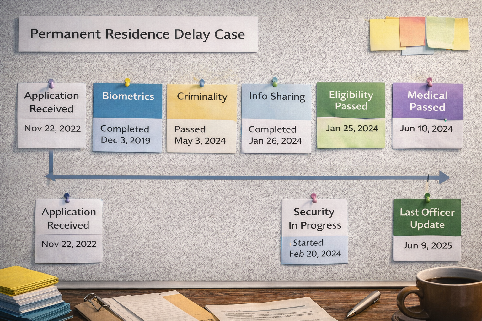 Immigration delay timeline built from GCMS notes in a permanent residence file